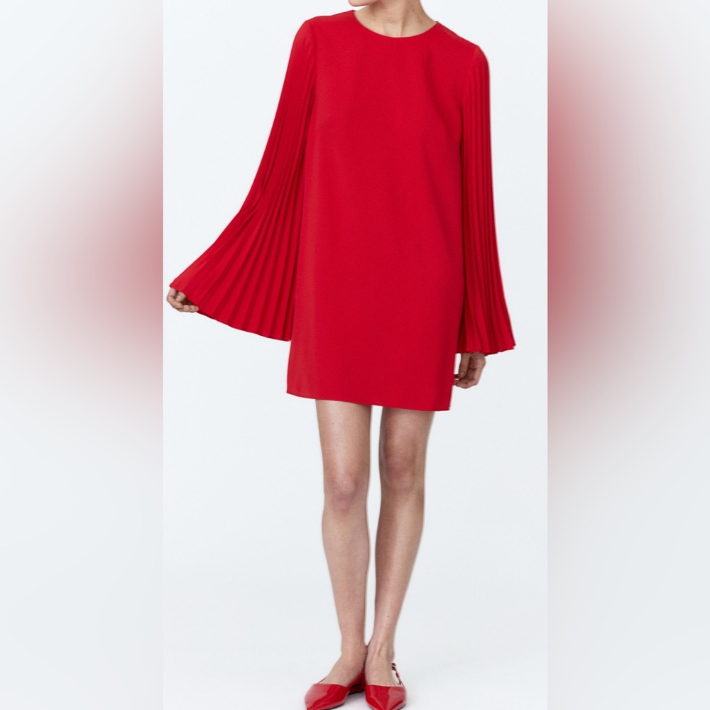 H&M pleated sleeve dress tunic flowy blouse mini red romantic party street XL